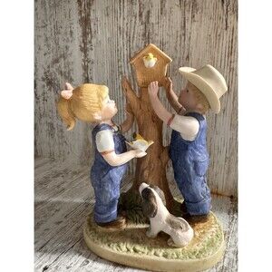 Home Interiors Denim Days 1985 #8888 Boy, Girl, Dog, Birds, Bird House summer